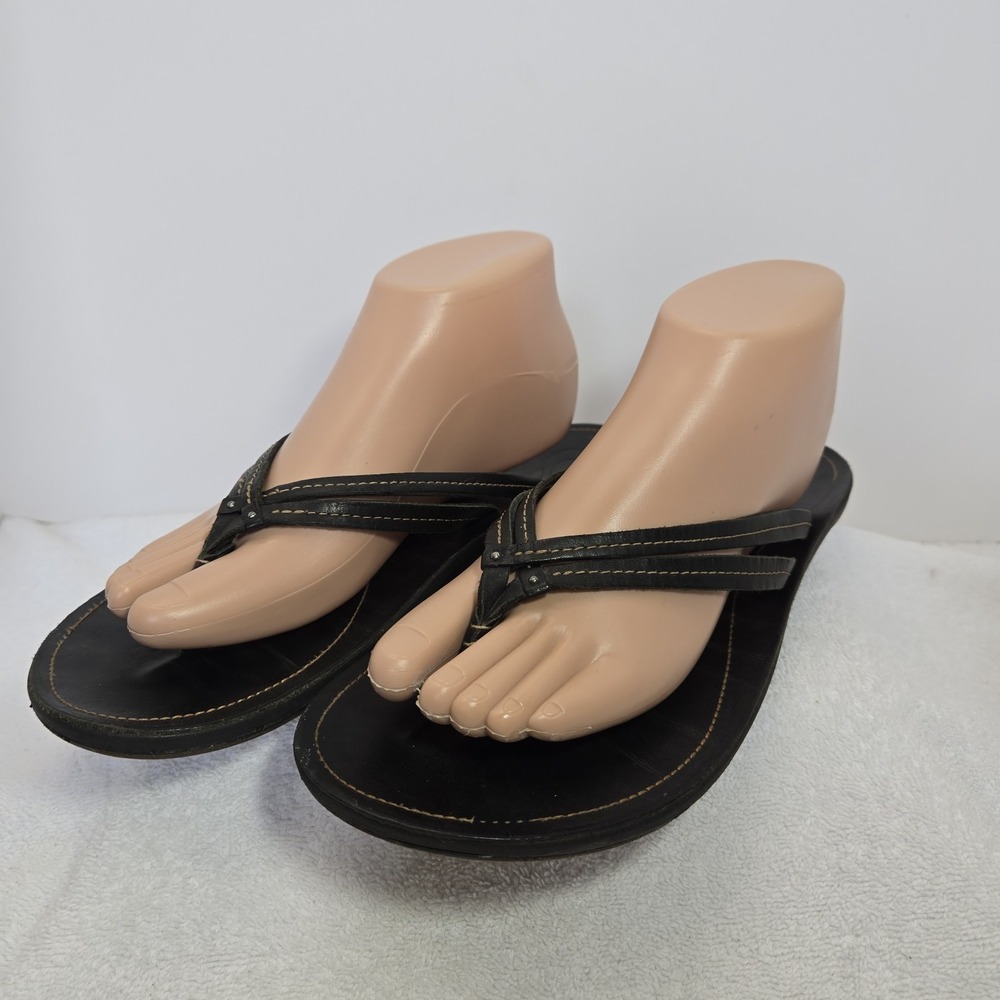 Olukai Womens Size 10 Leather Flip Flops Sandal"U'i" Sahara Black Double Strap
